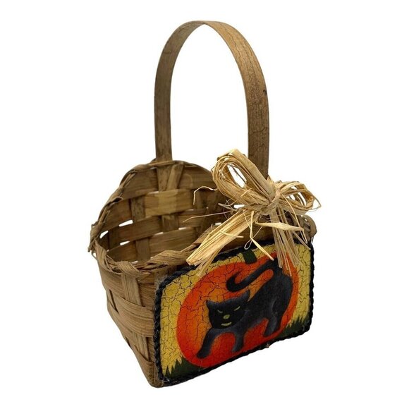 Halloween Vintage Woven Basket Black Cat Pumpkin Design Rustic Bow Handcrafted - Picture 3 of 9